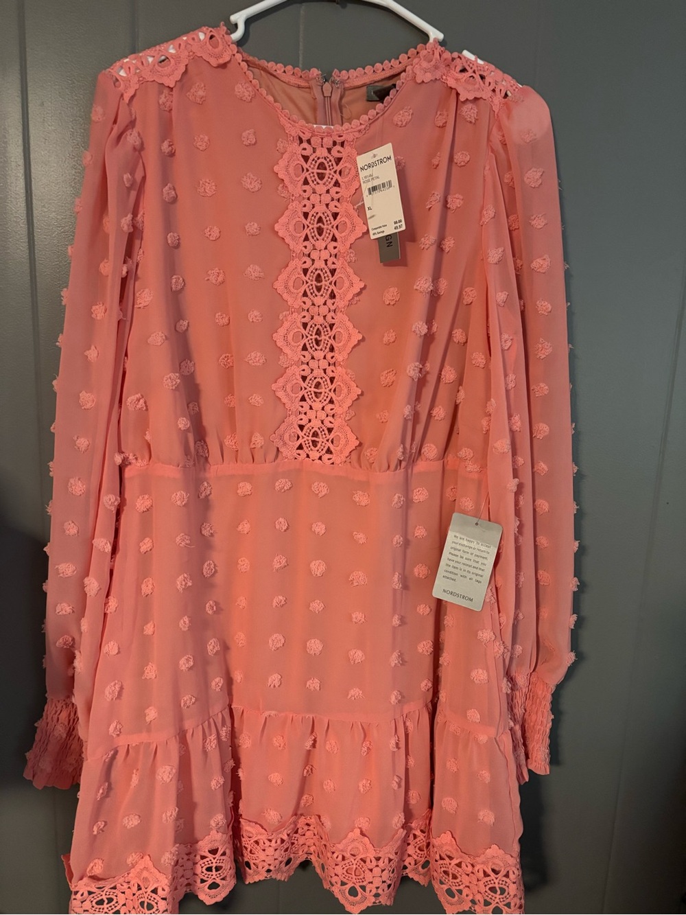 Love By Design Coral Pink Long-Sleeve Lace Trim Formal Dress